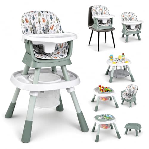 HONEY JOY 16-in-1 Baby High Chair, Convertible Highchair for Babies and Toddlers/Booster Seat/Activity Center with Toys, Building Block Table & Stool, Safety Harness, Removable Cushion & Tray (Green)