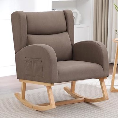 Nursery Rocking Chair,Linen Upholstered Nursery Rocking Chairs,Wingback Rocker for Nursery for Living Room Bedroom(Linen Brown)