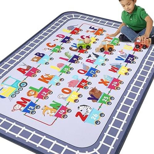 HiiARug Playroom Rug, Train and Road Kids Play Mat 5x7Ft, Non-Slip ABC Rug Educational Washable Rugs for Playroom, Bedroom, Classroom, Preschool, Daycares (Grey, 5'x7')