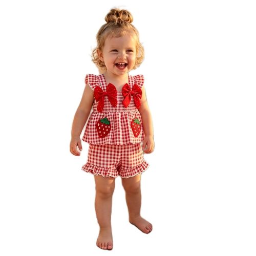 DSORVICD Toddler Girls Summer Clothes Ruffle Sleeve Strawberry Gingham Dress Tops Bloomers Shorts Set Cute Spring Outfit