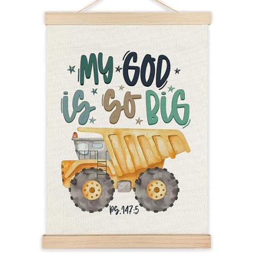 LZYRF Construction Christian Wall Art Poster Framed, Christian Room Decor, My God Is So Big Bible Verse Religious Canvas Prints Wall Decor for Toddler Kids Boys Bedroom Nursery, 12x16 Inch