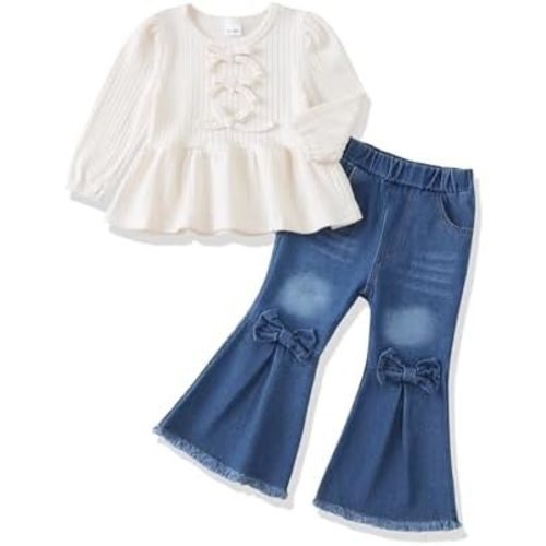 Toddler Baby Girl Clothes, Little Girls Fall Winter Outfits Clothing, Bow Shirt Flared Denim Pants Bell Bottom Jeans