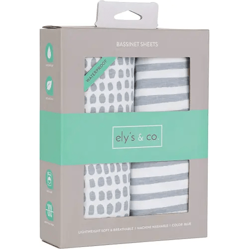 Ely’s & Co. Patent Pending Waterproof Bassinet Sheet 2-Pack Set for Baby Boy - 100% Cotton, Jersey Knit Cotton Sheets with Waterproof Lining — Misty Blue, Stripes and Splashes
