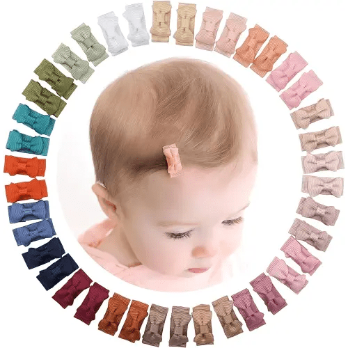 CÉLLOT 40pcs Mini 1.2" Grosgrain Ribbon Snap Clips - Tiny Fine Thin Hair Bows in Pairs for Baby Girls, Toddlers, and Infants