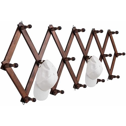 SCUNDA Hat Rack for Wall, Expandable Wall Hat Holder with 16 Hooks, 16 inch Wooden Wall Hook for Baseball Caps,Cowboy, Bag,Hoodie(Brown)
