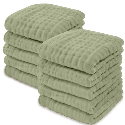 Comfy Cubs Muslin Baby Washcloths 10 Pack - Soft 6-Layer Cotton Wash Cloths for Sensitive Skin - 10"x10" Large, Gentle, Absorbent Infant Essentials for Newborn and Toddlers - (Sage)