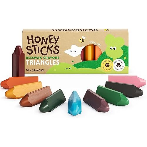 Honeysticks Triangular Crayons (10 Pack) - 100% Pure Beeswax, Food Grade Colors, Non Toxic Crayons for Baby, Toddlers ages 1-3, 2-4, Easy Grip Triangle Shape, Durable, Sustainably Made in New Zealand