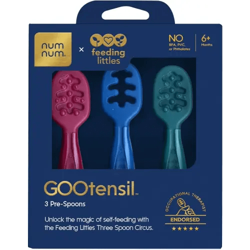 NumNum Baby Spoons Set, Feeding Littles x Silicone Pre-Spoon GOOtensils for Baby Led Weaning, Self-Feeding & Teething, First Stage Toddler Utensils for Ages 6+ Months, 3-Pack, BPA-Free (Jewel Tones)