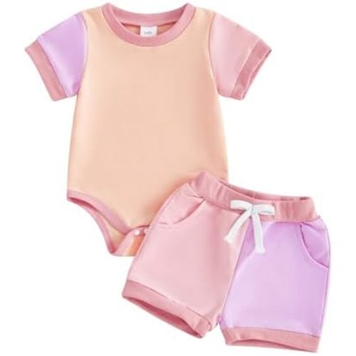 allshope Newborn Baby Girl Summer Outfit Set Contrast Color Romper Jumpsuit Tops Shorts Cute Infant Clothes