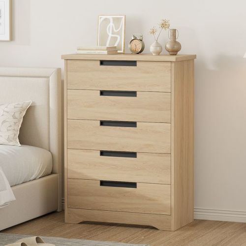 5 Drawer Dresser for Bedroom, Natural Nightstand Chest of Drawers with Built-in Handles, Wooden Nightstand for Living Room Nursery, Hallway, Entryway