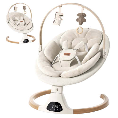 Babyomi Baby Swing with Auto Rocking, Adjustable Recline & Speed, Remote Control, Timer, Bluetooth Music, Toy Bar & Secure 5-Point Harness for Infants, Beige