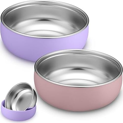 Nuogo 2 Pcs 304 Stainless Steel Baby Bowls with Removable Silicone Shell Toddler Bowls Kids Anti Scald Snack Container for Food Feeding, Dishwasher Safe (Pink,Purple)