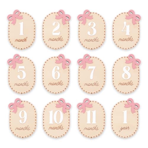 Baby Monthly Milestone Signs, Double Sided Wooden 1-12 Months Baby Signs with Pink Bow, Birth Announcement Sign, Baby Welcome Sign, 1 Month Baby Girl Photo Props & Milestone Markers, 4 in
