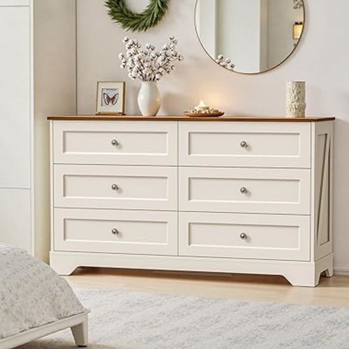 Farmhouse Dresser for Bedroom, 52" Wide 6 Drawer Storage Dresser with Vintage Metal Handles, Deep Chest of Drawers for Bedroom, Living Room, Hallway or Entryway, White