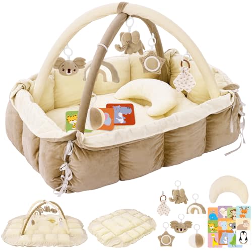 5-in-1 Plush Baby Play Gym & Activity Mat, Baby Play Mats, Baby Gym with Convertible Design, Tummy Time Mat with Pillow, 6 Sensory Toys for Newborn to Toddler, Cream