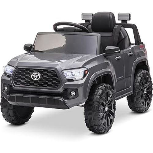 Kidzone 12V Ride on Truck, Battery Powered Licensed Toyota Tacoma Electric Car for Kids, Electric Vehicle Toy with Remote Control, 3 Speeds, MP3, Horn, LED Lights, Suspension System - Grey