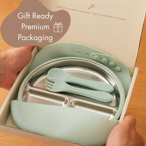 Baby Feeding Essential Set Sage Green, Stainless Steel Suction Plate, Baby Blue Weaning Kit for 6–18 Months, Baby Shower Birthday Gift