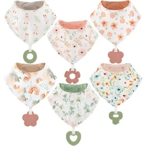 Baby Bandana Drool Bibs 6-Pack and Teething Toys 6-Pack Made with 100% Organic Cotton, Absorbent and Soft Unisex