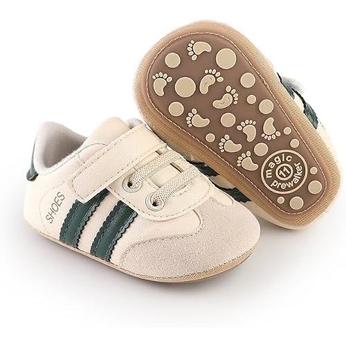 TsQiiane Newbron Baby Boys Girls Retro Sneakers Pu Leather Rubber Sole Walking Shoes Toddler Non-Slip First Walkers Infant Slippers Crib Shoes(6193/green 3)