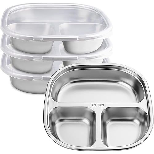 4 PCS 316 Stainless Steel 3 Compartments Plates with Lids, Metal Divided Plates Tray, Sectioned Plates Dishes Dinnerware Set for Food Portion Control Lunch Dinner Adult Home School (4)