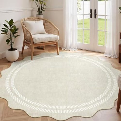 Round Area Rugs 6ft for Bedroom, Ivory Washable Circle Rug Soft Non Slip Floor Scalloped Carpet Indoor Thin Rug for Living Room Dining Room Playroom Nursery