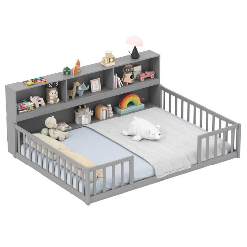 Harriet Bee Montessori Floor Bed With Bookcase Storage Shelves & Safety Fence Rails & Reviews | Wayfair