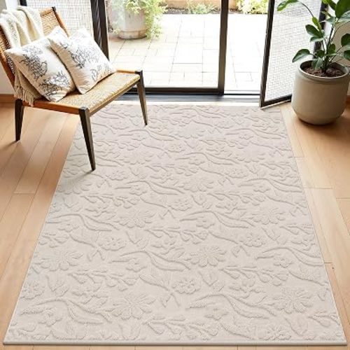 3x5 Area Rug for Living Room, Soft Fluffy Washable Modern Floral Indoor Floor Mat, Non Slip Shaggy Boho Accent Throw Carpet for Bedroom, Living Room, Nursery and Dining Room, Beige
