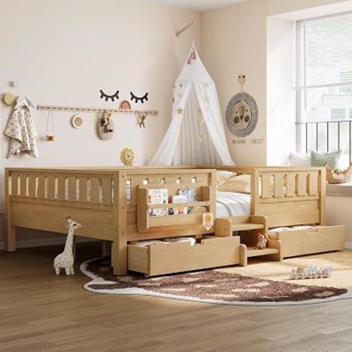 Queen Size Montessori Bed with Bookshelf, 2 Drawers & Stairs,Light Natural