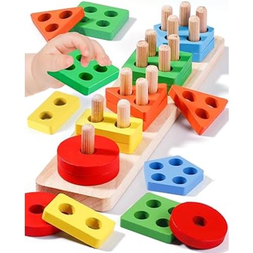 Montessori Toys for 1 2 3 Year Old Boy Girl, Wooden Sensory Toys for Toddlers 1-3, Toys for Ages 2-4, Toddler Toys 2-3, 1 2 Year Old Boy Girl Gifts, Shape Sorter Wooden Puzzles Toddler Learning Toys