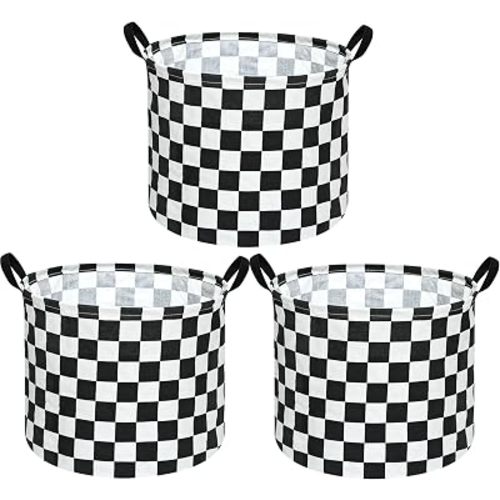 3 Pack Checkered Storage Baskets with Leather Handles, Foldable Fabric Toy Storage Bins with Waterproof Lining, Large Round Laundry Hamper for Kids Room, Nursery, Bedroom, Playroom Organization