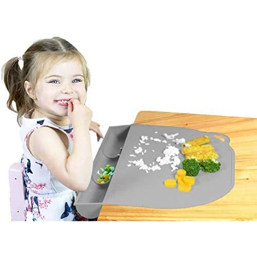 Food Catching Baby Placemat with Suction - UpwardBaby Gray Silicone Placemats for Kids Babies and Toddlers - Clean Mealtimes at Home Or for Restaurants - See Video Demonstration