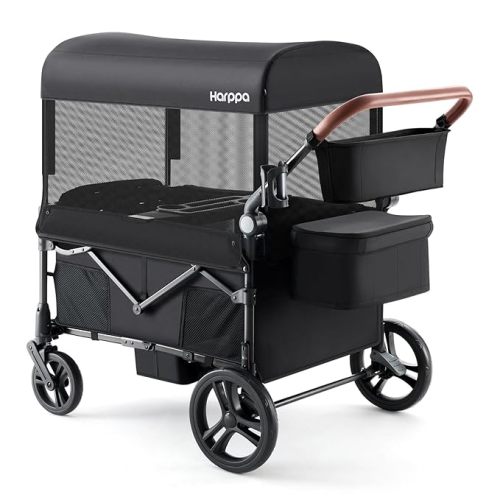 Harppa Remy Wagon Stroller for 4 Kids, Foldable 4-Seater Stroller Wagon with Mosquito Net Canopy,Snack Tray, All-Terrain 11.5" Wheels, 280Ibs Capacity for Growing Family Outings Black