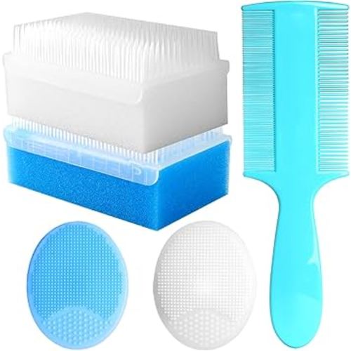 Cradle Cap Brush for Babies, Set of 5 Baby Bath Essentials with Bath Sponge Silicone Scrubber Long Handle Comb for Newborns Toddlers Boys Girls (Blue)