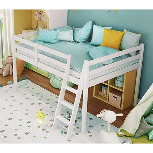 VINGLI Junior Low Loft Bed with Stairs, White Wood Loft Bed Full Size for Adults, Kids and Young Teens, No Box Spring Required,Wood Slat Support