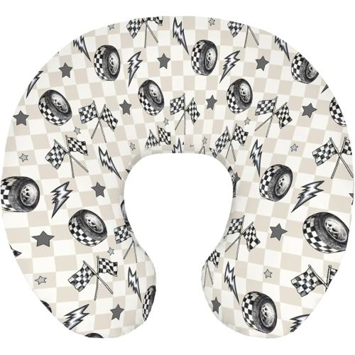 Cute Race Car Flag Black and White Plaid Nursing Pillow Cover Stretchy and Soft for Baby Girls Boys Tire Checkered Stars Vehicles Nursing Cover for Breastfeeding for Newborn Infant