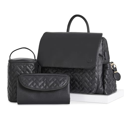 Hannah & Sophia Traveler Diaper Backpack, 4-piece Travel Baby Bag Set with USB-C Charging Port, 11-Pocket Organization System, Bottle Bag, Changing Pad & AirTag Keychain, Midnight Black