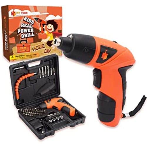 JoyTown Kids Real Power Drill Set – Electric Cordless Drill Tool Kit for Children with Interchangeable Bits, Flexible Shaft, Rechargeable, Carrying Case, Learning Tools for Boys & Girls Home DIY