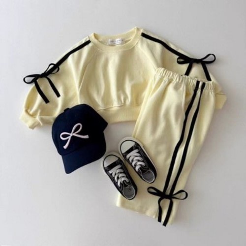 MyKids-USA Autumn Baby Kids Girls Casual Bows Tied Pullover And Pants Clothing Set Yellow 90