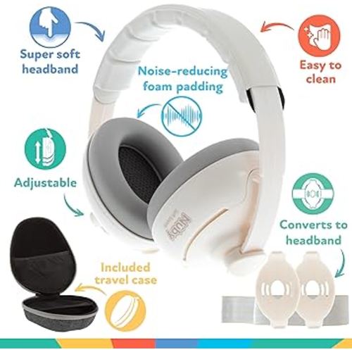 Nuby Soft Sounds 2-in-1 Noise-Canceling Baby Earmuffs with Travel Case — White