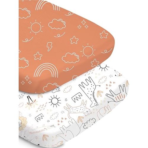 Bassinet Fitted Sheet Set - Orange Cloud and Rainbow Design, Soft, Breathable, and Durable, Universal Fit for Baby Boys and Girls, Compatible with Halo, Mika Micky, Baby Delight, and More