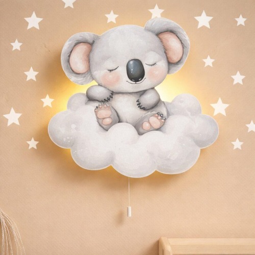 Sleeping Koala on Cloud Wall Night Light, Wooden LED Nursery Lamp,   Baby Room Gift, Kids Glowing Sign, Toddler Bedroom, Newborn Present.