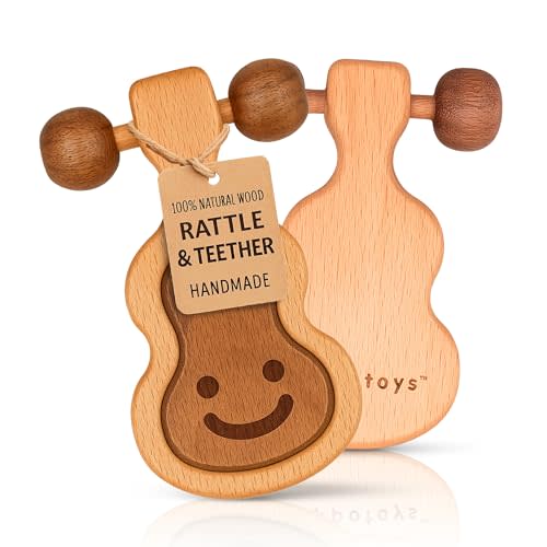 HippoToys Wooden Teething Toy – USA’s First Real Natural Teether & Rattle for Babies 0–12 Months – Handcrafted Beech & Walnut Wood – No Fake Natural, No Silicone, No Rubber