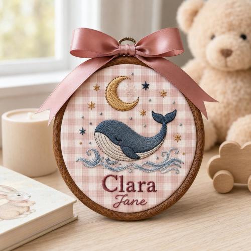 Custom Embroidered Ornament, Oval Whale Baby Name Sign, Gender Neutral Baby Name Reveal, Hospital Birth Announcement, Nursery Decor