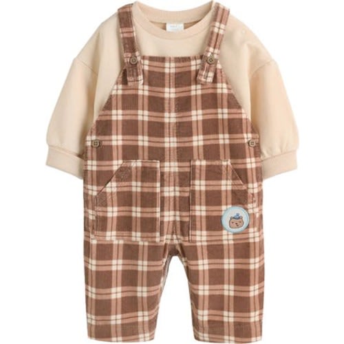 Check Cotton Sweatshirt Bodysuit & Overalls Set, 3-6M