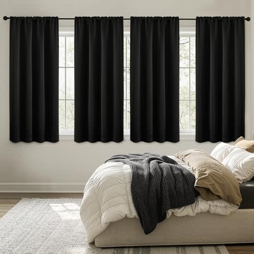 MIULEE Blackout Curtains 4 Panels Sets Black 63 Inch Length, Top and Bottom Rod Pocket Room Darkening Curtains for Bedroom Windows, 4 Pack Solid Thermal Insulated Light Blocking Curtain Drapes