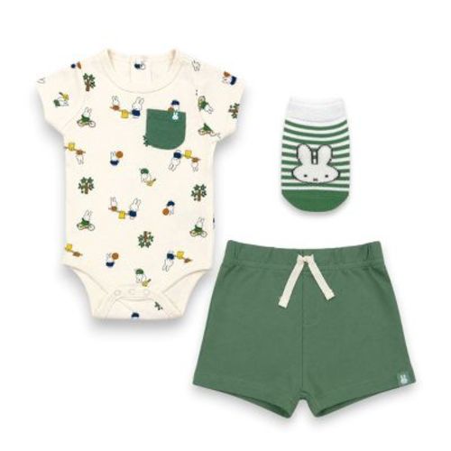 Miffy Baby Boys' 3-Piece Outfit Pocket Bodysuit, Shorts & Socks Set, Green/Off-White, 9 Months