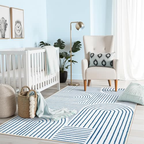 Lahome Abstract Washable Rugs, 4x6 Blue Rug for Bedroom Nursery Soft Non Slip Modern Living Room Rug, Ultra-Thin Non-Shedding Throw Carpet for Entryway Kitchen Office Darrell(4'x6',Blue/White)