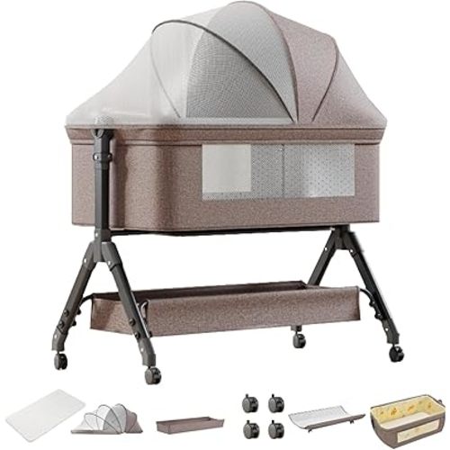 3 in 1 Portable Baby Bassinet Adjustable Height Bedside Sleeper Stable Baby Crib, with Washable Mattress, Changing Table, Storage Bag, 4 Lockable Wheels, Mosquito Net, for 0-12 M