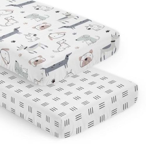 Sweet Jojo Designs Boy, Girl, Unisex/Gender Neutral Fitted Crib Sheets Set Cartoon Puppy Grey Taupe and Blue 2pc