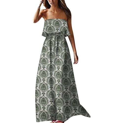 ZMPSIISA Women's Summer Off The Shoulder Maxi Dress Ruffle Strapless Blue White Porcelain Boho Casual Loose Long Dresses